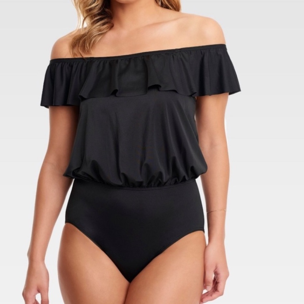 Dreamsuit by Miracle Brands One Piece Swimsuit in Black Size 10 NEW Ruffle Neck